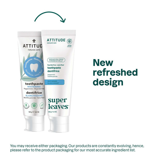 ATTITUDE Fluoride-Free Toothpaste, Plant- and Mineral-Based Ingredients, Vegan, Cruelty-Free and Sugar-Free, Whitening, Peppermint, 120 grams