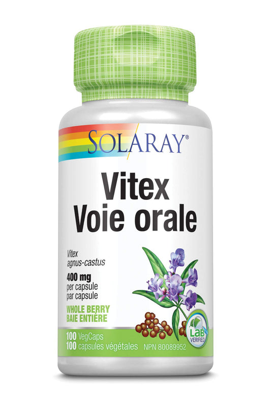 SOLARAY – Vitex Berry, 400mg | PMS Herbal Support | Vitex Agnus-Castus, Whole Berry | Dietary Supplement | Vegan, Lab Verified | 100 Vegetarian Capsules