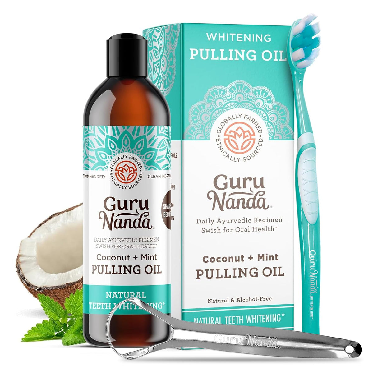 GuruNanda Whitening Pulling Oil with Coconut Oil & Peppermint Essential Oil for Natural Teeth Whitening, Fresh Breath, Alcohol Free Mouthwash (8 FlOz)