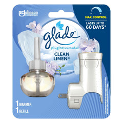 Glade PlugIns Air Freshener Starter Kit, Scented and Essential Oils for Bathroom and Home Fragrance, Clean Linen, 1 Warmer and 1 Fragrance Oil Refill