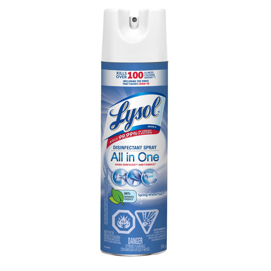 Lysol Disinfectant Spray, All in One, Spring Waterfall, Disinfect and Eliminate Odours on Hard Surfaces and Fabrics, Kills 99.99% of Viruses & Bacteria, 539g