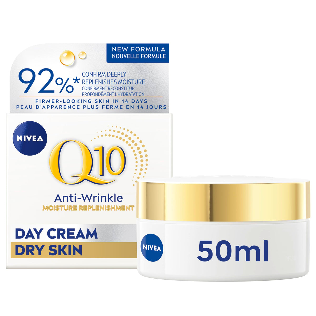 NIVEA Q10 Power Anti-Wrinkle Moisture Replenishment Day Face Cream, Anti Wrinkle Firming Cream, Q10 and Argan Oil, Face Moisturizer for Dry to Very Dry Skin, Visibly Reduces the Look of Wrinkles, 50mL