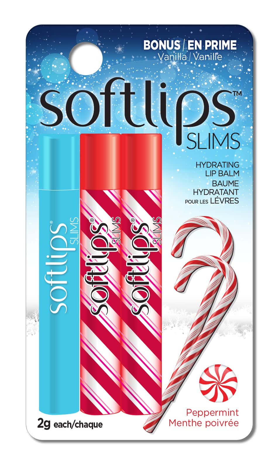 Softlips SLIMS Holiday Peppermint with Bonus French Vanilla Three-Pack - Limited Edition Lip Balm Set with Vitamin E for Nourishing Moisture - Perfect Stocking Stuffer and Holiday Gift