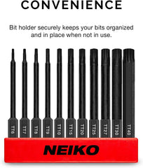 NEIKO 01149A Torx Head Drill Bit Set, 11-Piece Sizes TT6 to TT40 | Tamperproof Magnetic Torx Bits | 3 Quick Release Shanks | Premium S2 Steel | Compatible with Power Drills and Impact Drivers