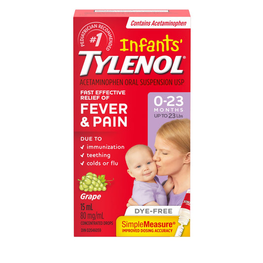 Tylenol Infants' Drops for Fast Fever and Pain Relief, White Grape Flavour, Dye Free, 15 mL Acetaminophen for Teething Pain, Immunization Pain