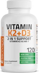 Bronson Vitamin K2 (MK7) with D3 Supplement Non-GMO Formula 5000 IU Vitamin D3 & 90 mcg Vitamin K2 MK-7 Easy to Swallow Vitamin D & K Complex, 120 Capsules.