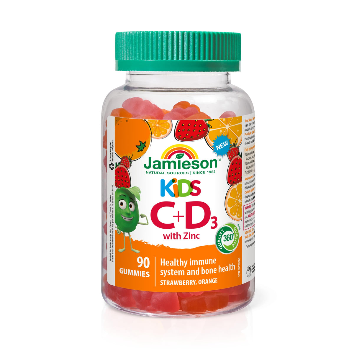 Jamieson Kids Vitamin C + D3 with Zinc Gummies 90 Count, Strawberry & Orange Flavours