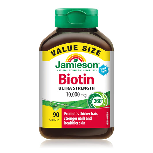 Jamieson Biotin 10,000 mcg Ultra Strength Softgels - Value Size, Gluten-free, 90 Count (Pack of 1)