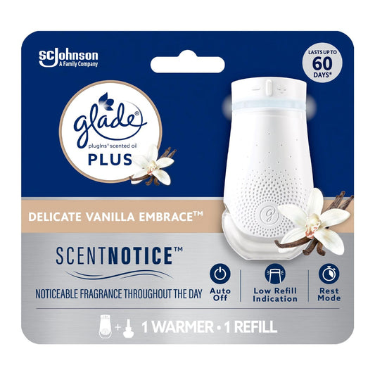 Glade PlugIns Plus Air Freshener Starter Kit, Scented and Essential Oils for Bathroom and Home Fragrance, Delicate Vanilla Embrace, 1 Warmer and 1 Fragrance Oil Refill