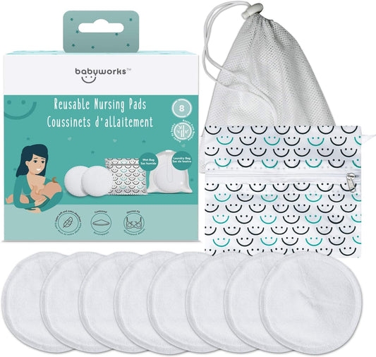 Baby Works Reusable Nursing Pads - Soft, Contoured Nursing Pads Made From Rayon - Comes with Wet Bag & Laundry Bag - Machine Washable - Pack of 8