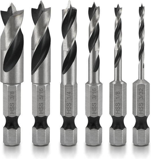 NEIKO 11401A 6 Piece Brad Point Drill Bit Set, Stubby Drill Bit Set for Wood, 1/4" Quick Change Hex Shank, HSS 4241 High Speed Steel for Quick Change Chucks and Drives, Drill Bit Holder Included