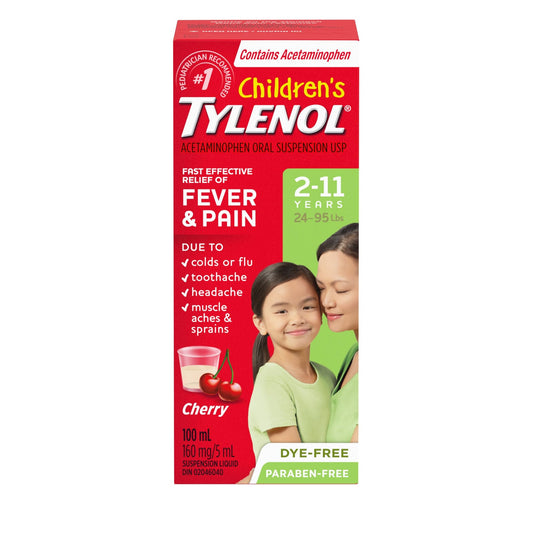 Tylenol Children's Liquid for Fever and Pain Relief, Cherry Blast Flavour, Dye Free, 100 mL Acetaminophen for Headache Pain, Muscle Ache Pain