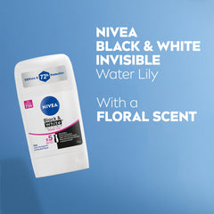 NIVEA Black & White Invisible Antiperspirant Deodorant Stick with 72-Hr Odour, Sweat and Stain Protection, Water Lily-Scented Women's Deodorant, Non-Sticky, Ethyl Alcohol Free, 51g