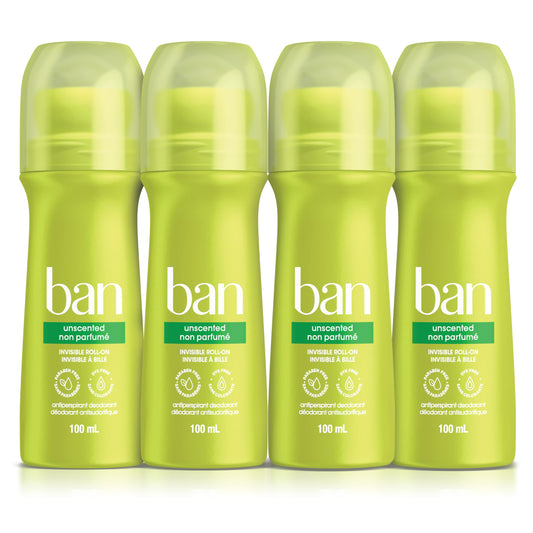 Ban Unscented Roll-on Antiperspirant Deodorant, 24-Hour Protection, Pack of 4 | Made in Canada