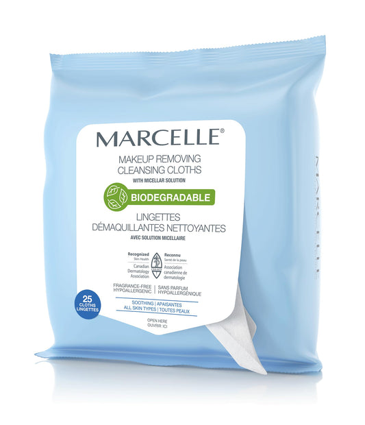 Marcelle Biodegradable and Recyclable Soothing Makeup Cleansing Cloths, All Skin Types, Hypoallergenic, Fragrance-Free, Cruelty-Free, Paraben-Free, Oil-Free, Non-Comedogenic, Vegan, 25 Cloths