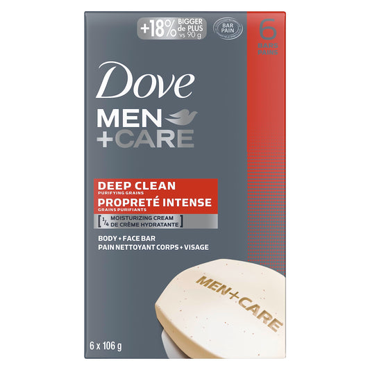 Dove Men + Care Deep Clean Hand & Body & Face & Exfoliation Bar Soap with purifying grains for healthy-looking and strong skin with ¼ moisturizing cream 106 g Pack of 6