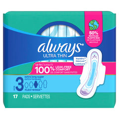 Always, Ultra Thin Pads For Women, Size 3, Extra Heavy Absorbency With Wings, 17 Count