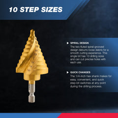 NEIKO 10174A Quick Change Spiral Grooved Step Drill Bit | 10 Step Drill Bit Sizes in One - 1/4" to 1-3/8" | High-Speed Steel and Titanium Nitride Coating | Two-Flute Design