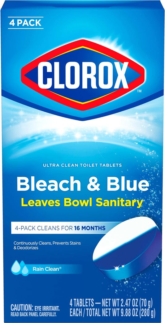 Clorox Ultra Clean Toilet Tablets Bleach & Blue, Rain Clean, 4 Ct (Package May Vary)