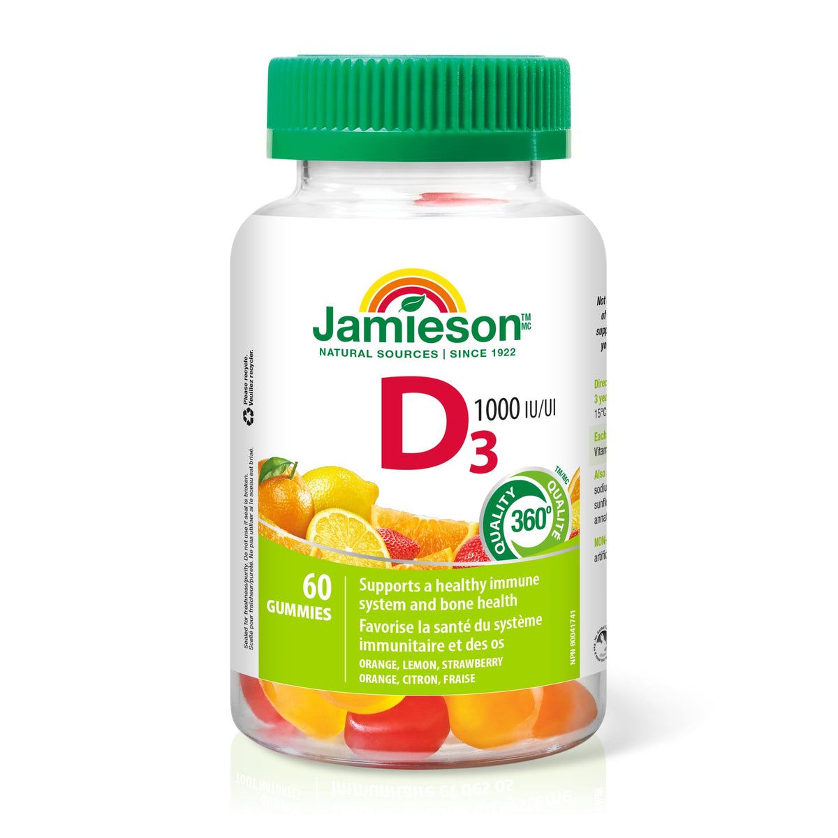 Jamieson Vitamin D3 1,000 IU Gummies - Orange, Strawberry, Lemon Flavour, 60 Gummies