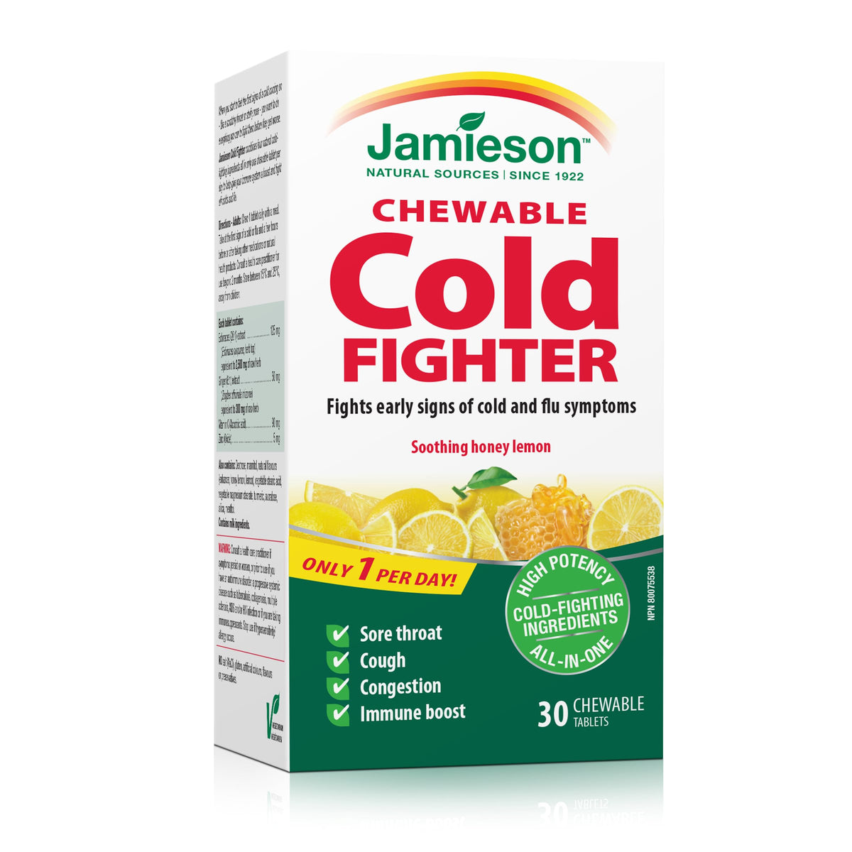 Jamieson Cold Fighter Chewable - With Echinacea, Ginger, Vitamin C and Zinc, Gluten-Free, 30 Count (Pack of 1)