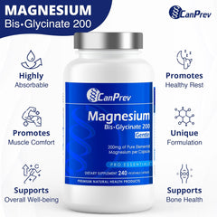 CanPrev - Pure Magnesium Bis-Glycinate 200mg (Gentle) | 240 v-caps | Elemental Chelated Complex Supplement | Magnesium bis-glycinate blend - Glycine, Magnesium Oxide, Magnesium bis-glycinate chelate | Vegan