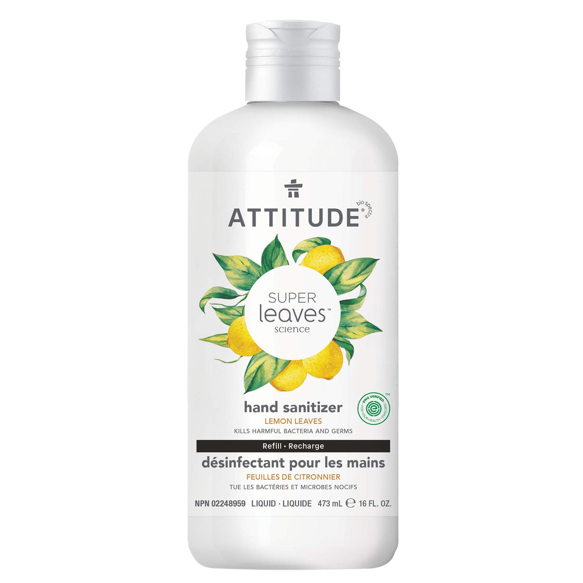 ATTITUDE Hand Sanitizer Refill for Adults & Kids, EWG Verified, Kills Bacteria and Germs, Vegan, Lemon Leaves, Bulk Refill, 473 mL