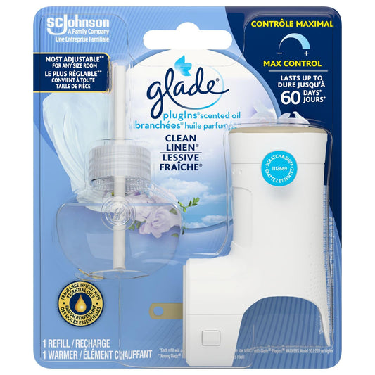 Glade PlugIns Air Freshener Starter Kit, Scented and Essential Oils for Bathroom and Home Fragrance, Clean Linen, 1 Warmer and 1 Fragrance Oil Refill