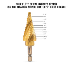 NEIKO 10180A Steel Spiral Quick-Change Step Drill Bit for Metal with 4-Flute Spiral Grooved Design, Nitride-Coated High-Speed Steel Multitool with 12 Sizes in 1 Step Bit, Unibit, Hole Drill Bit