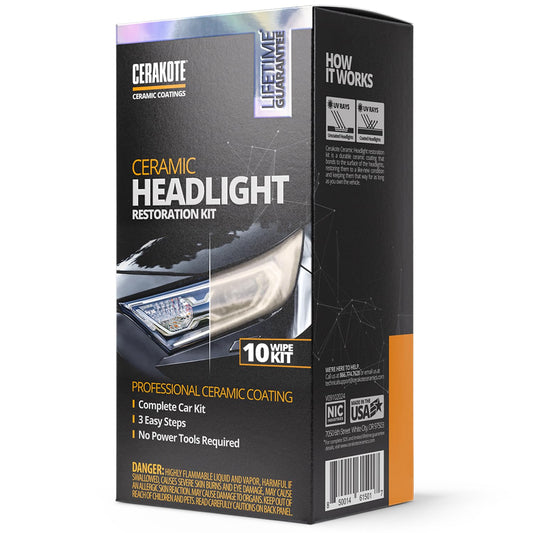 CERAKOTE® Ceramic Headlight Restoration Kit – Guaranteed To Last As Long As You Own Your Vehicle – Brings Headlights Back to Like New Condition - No Power Tools Required - 10 Wipe Kit