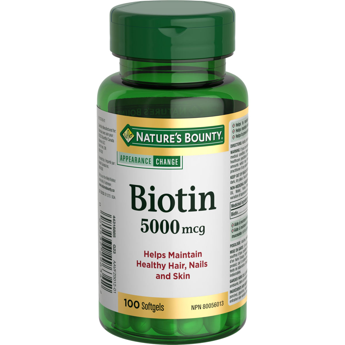 NATURE'S BOUNTY Biotin 5000 mcg, Helps to maintain healthy hair, skin and nails, Helps to Maintain the Body's Ability to Metabolize Nutrients, Prevents Biotin Deficiency, For Adults, 1 Softgel Per Day, 100 Count, 24.3 g