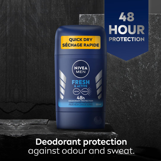 NIVEA Men Deodorant Fresh and Active | Deodorant Stick | Men’s Deodorant | 48H Protection Against Odour and Sweat | INFINIFRESH formula for all skin types | Dermatologically Tested, 50 mL