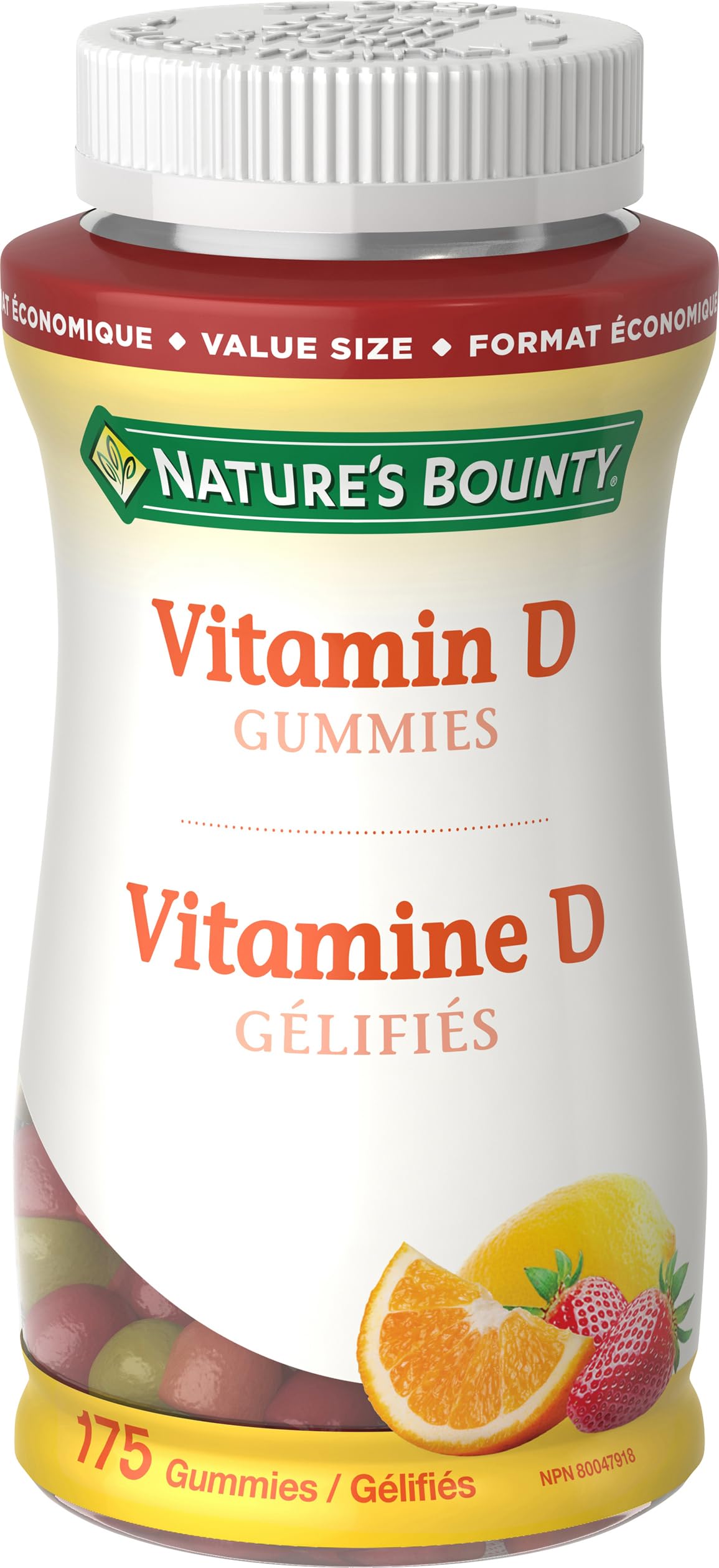 Nature's Bounty Vitamin D3 1000 IU Gummies, Value Size, Helps Support Bone Health, Strawberry Orange & Lemon Flavoured, 175 Gummies