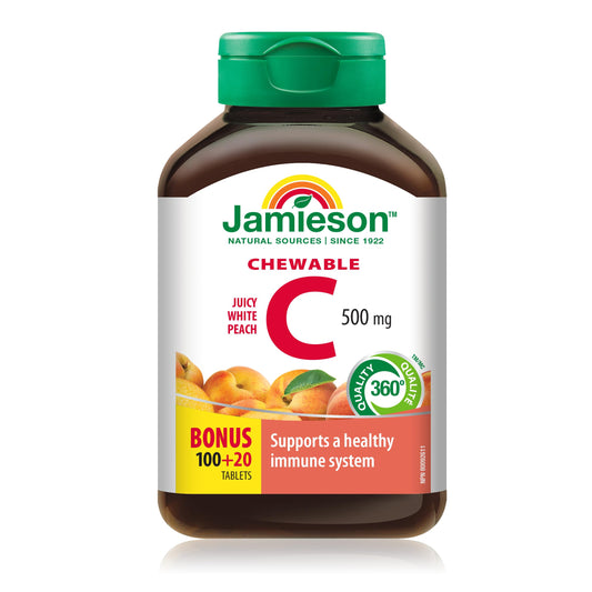 Jamieson Chewable Vitamin C 500 mg - White Juicy Peach Flavour, 120 Count (Pack of 1)