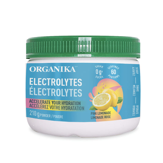 Organika Canadian-Made Electrolytes Powder - Pink Lemonade - Sugar-Free Hydration and Electrolyte Replenishment with Prebiotics and Vitamin C - 210g - 60 servings