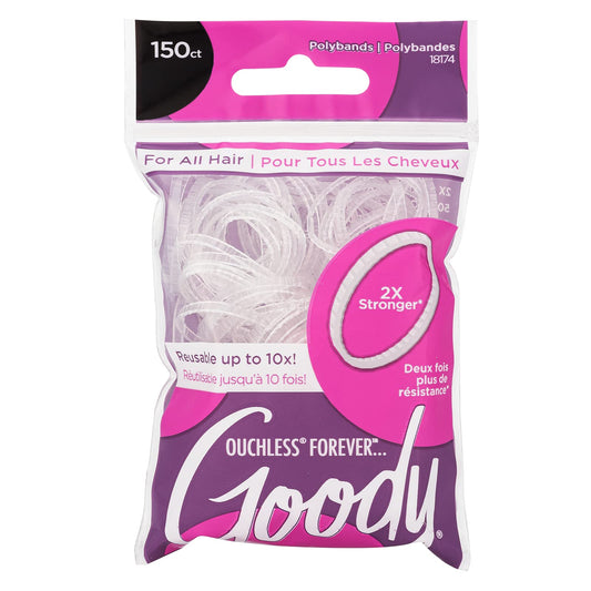 Goody Ouchless Forever Polyband Hair Ties - 150 Ct, Clear, Hair Bands for Women's Hair, Easy Glide, Ultra-Strong Hold Hair Accessories for Women & Men, Secure Hold Ridge Design, All Hair Types