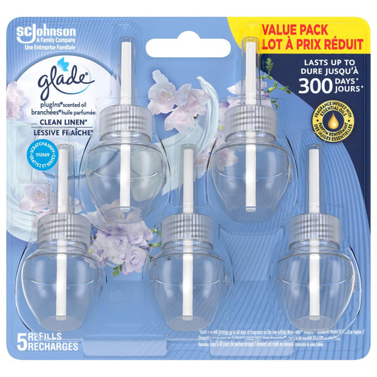 Glade PlugIns Air Freshener Refill, Scented and Essential Oils for Bathroom and Home Fragrance, Clean Linen, 5 Count