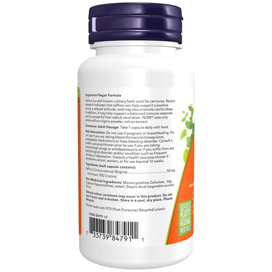 NOW Supplements, Saffron Whole Herb 50 mg with 10% Crocins, 60 Veg Capsules