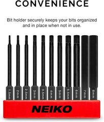 NEIKO 01148A Hex Allen Power Bit Set, 11-Piece Metric Sizes 1.5mm to 8mm | Magnetic Head Bits 3 Quick Release Shanks Premium S2 Steel Compatible with Drills and Impact Drivers