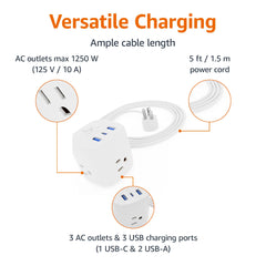 Amazon Basics Power Strip Cube 3 Outlet 3 USB Ports, 1 USB-C(15W) and 2 USB-A(12W), 5 ft Extension Cord, Home, Office, Travel, White