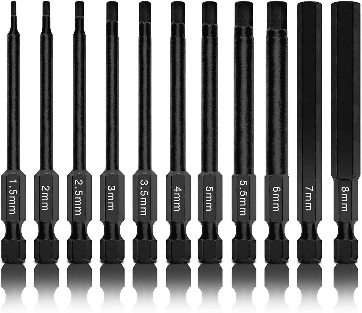 NEIKO 01148A Hex Allen Power Bit Set, 11-Piece Metric Sizes 1.5mm to 8mm | Magnetic Head Bits 3 Quick Release Shanks Premium S2 Steel Compatible with Drills and Impact Drivers