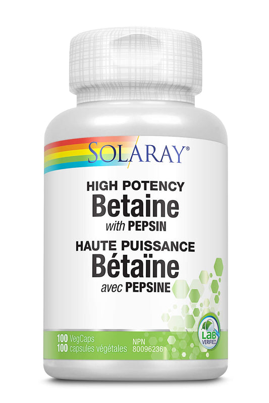 SOLARAY – Betaine HCI with Pepsin, 650mg | High Potency with Pepsin | Digestive Health | Dietary Supplement | Non-GMO, Vegan, Lab Verified | 100 Vegetarian Capsules