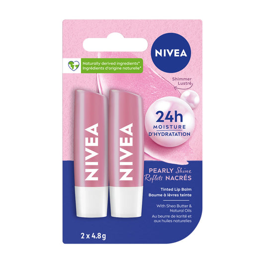 NIVEA Pearly Shine Lip Balm | Pearly Pink Shimmer Tinted Lip Care, 24H Hydration | 2x4.8g Tubes