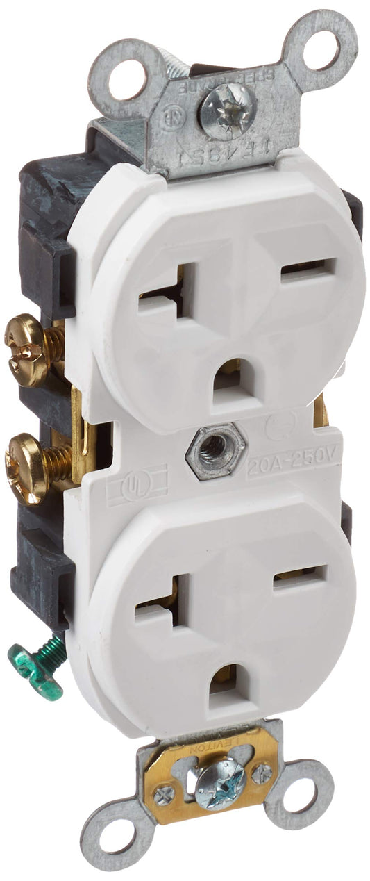 Leviton 5822-W 20-Amp, 250-Volt, Narrow Body Duplex Receptacle, Straight Blade, Commercial Grade, Self Grounding (White)