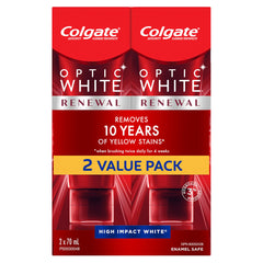 Colgate Optic White Renewal Toothpaste, 70 mL (Pack of 2), High Impact White, Contains 3% Hydrogen Peroxide, Removes 10 Years of Yellow Stains, Enamel Safe, Sugar Free, Gluten Free, & Vegan