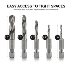 NEIKO 11402A Stubby Drill Bit Set for Metal, 5 Piece 1/4" Quick Change Hex Shank, M2 High Speed Steel for Quick Change, Chucks and Drives Drill Bit Holder Included, Hex Shank Drill Bit Set