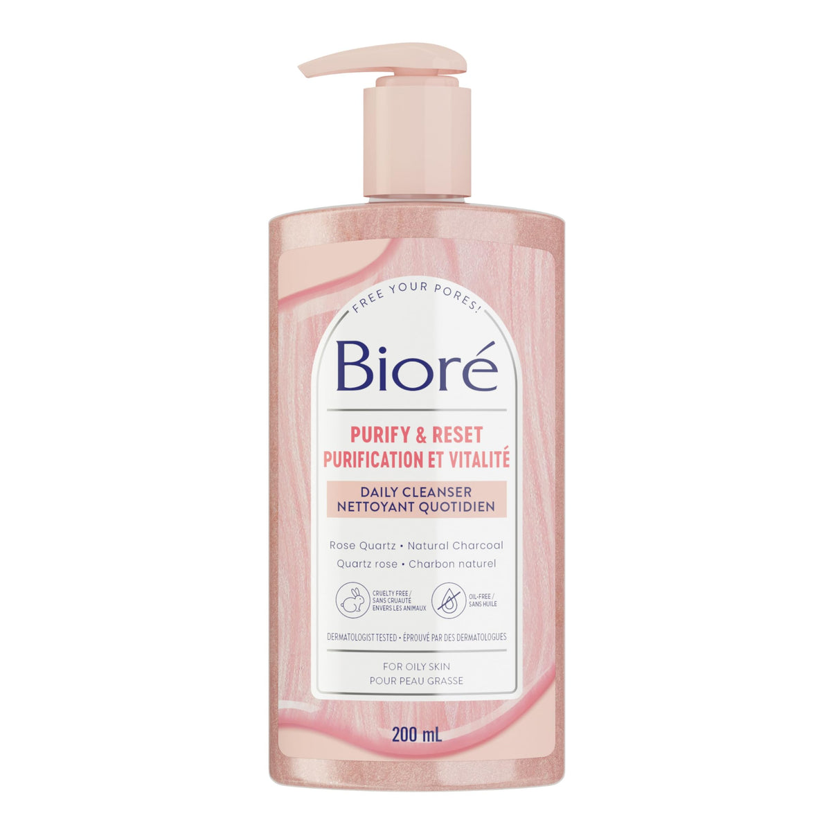 Bioré Rose Quartz + Charcoal Daily Purifying Cleanser, Face Wash for Oily Skin (200 mL) | Pink, Packaging May Vary