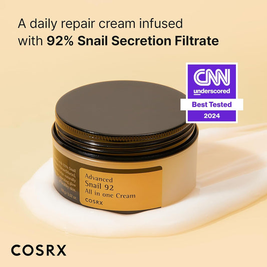 COSRX Snail Mucin 92% Repair Cream, Daily Face Gel Moisturizer for Dry Skin, Acne-prone, Sensitive Skin, Not Tested on Animals, No Parabens, Korean Skincare (3.52 Fl Oz (Pack of 1))