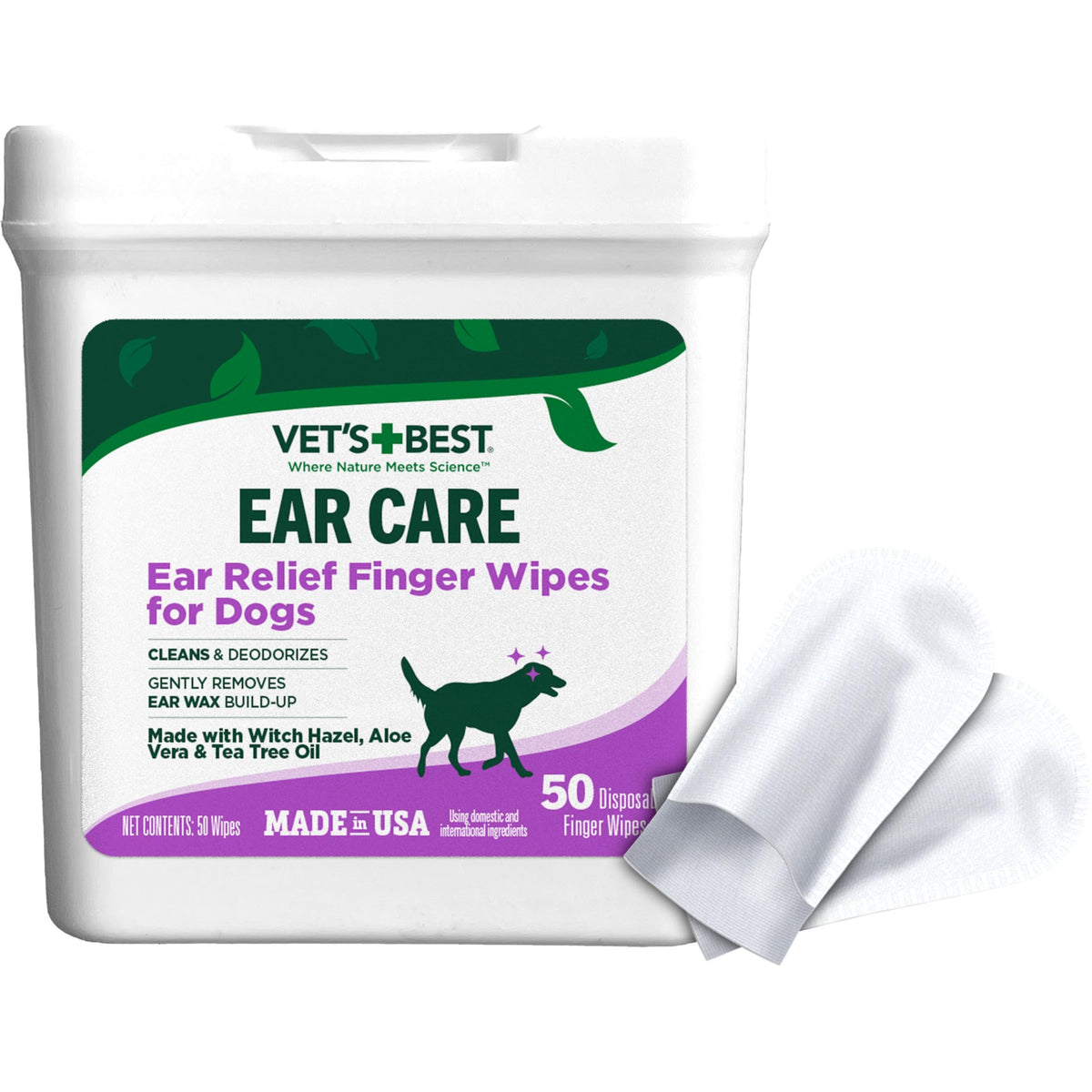 Vet's Best Ear Relief Finger Wipes, Ear Cleansing Finger Wipes for Dogs, Sooths & Deodorizes, 50 Disposable Wipes