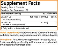 Bronson Vitamin K2 (MK7) with D3 Supplement Non-GMO Formula 5000 IU Vitamin D3 & 90 mcg Vitamin K2 MK-7 Easy to Swallow Vitamin D & K Complex, 120 Capsules.